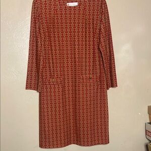 Jude Connally Brown and Orange Sheath Dress Long Sleeve Crew Neck